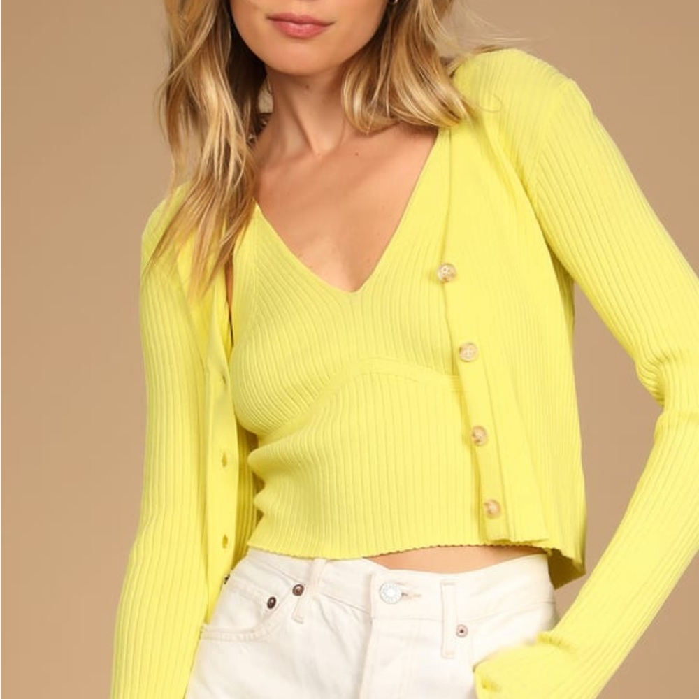 Lulus Always Twinning Neon Yellow ribbed Crop top and cardigan sweater set